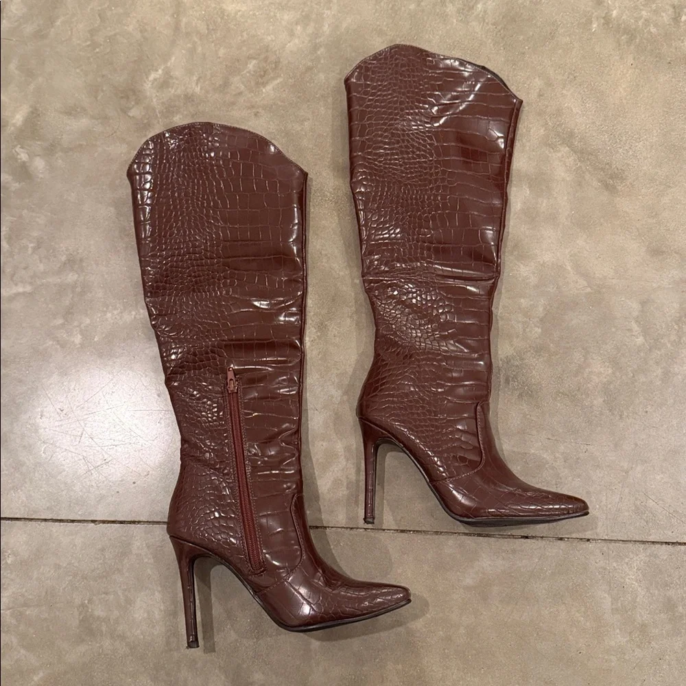 4th and Reckless - Wine/Brown Croc-Embossed Knee-High Boots - Picture 2 of 6